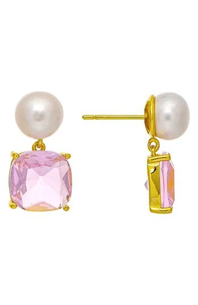 Rivka Friedman Imitaion Pearl & Cz Drop Earrings In 18k Gold Clad/pink Cz/pearl