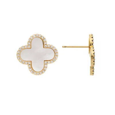 Rivka Friedman Mother Of Pearl + Cubic Zirconia Clover Stud Earrings In Gold