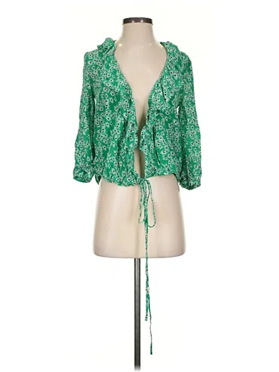 Pre-owned Rixo London 3/4 Sleeve Silk Top Green Plunge Neckline Tops