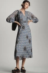 Rixo London Aero Long-sleeve Floral Midi Dress In Blue