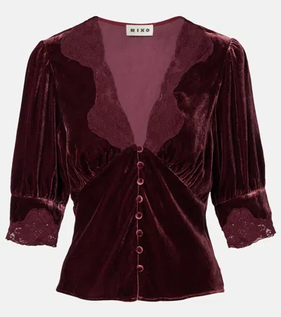 Rixo London Amanda Lace-trimmed Velvet Top In Burgundy