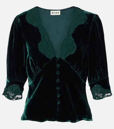 Rixo London Amanda Lace-trimmed Velvet Top In Green