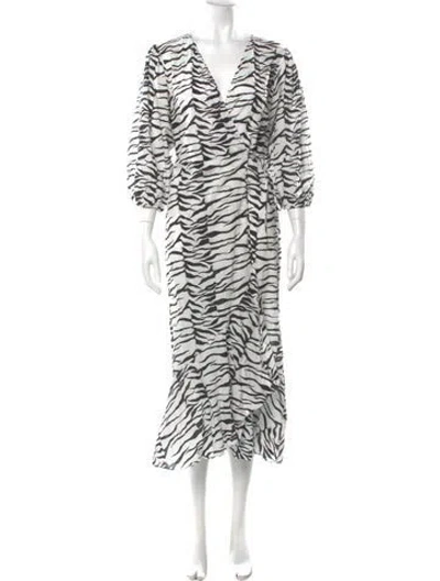 Pre-owned Rixo London Animal Print Midi Length Dress In White