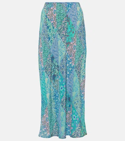 Rixo London Ardith Patchwork Floral-print Silk Crepe De Chine Midi Skirt In Blue