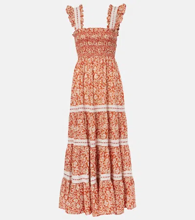 Rixo London Aubrie Floral Smocked Cotton Midi Dress In Red