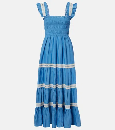 Rixo London Aubrie Lace-trimmed Cotton Voile Midi Dress In Blue