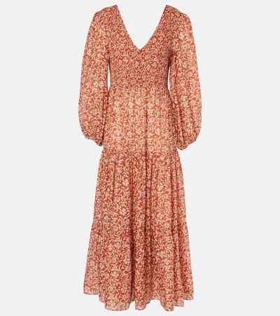 Rixo London Brooke Floral Cotton And Silk Midi Dress In Red