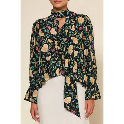 Rixo London Clarabelle Long Sleeve Top In Butterfly Floral Charcoal In Green