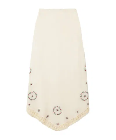 Rixo London Crocheted Trim Embroidered Midi Skirt In White