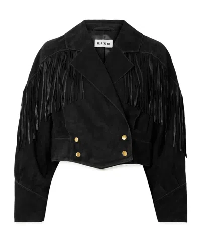 Rixo London Darragh Fringed Double-breasted Suede Jacket In Black