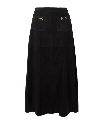 Rixo London Edwina Embellished Paneled Suede Midi Skirt In Black