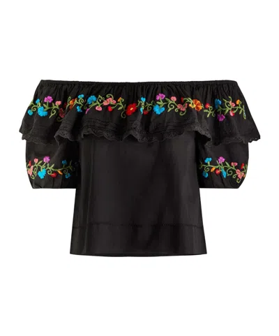 Rixo London Embroidered Cropped Top In Black