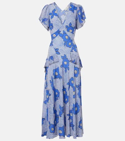 Rixo London Evie Floral Silk Maxi Dress In Blue