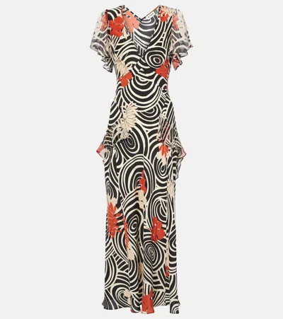 Rixo London Evie Printed Ruffled Silk Maxi Dress In Swirl Daisy Black