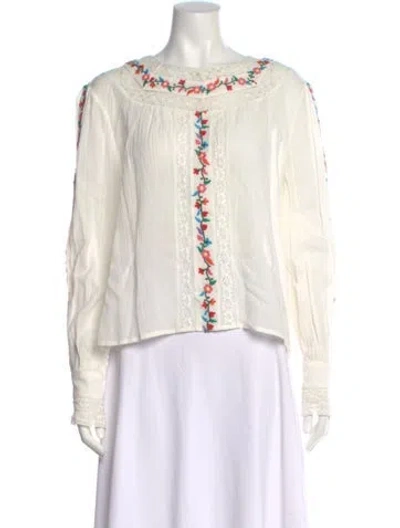 Pre-owned Rixo London Floral Print Crew Neck Blouse In White