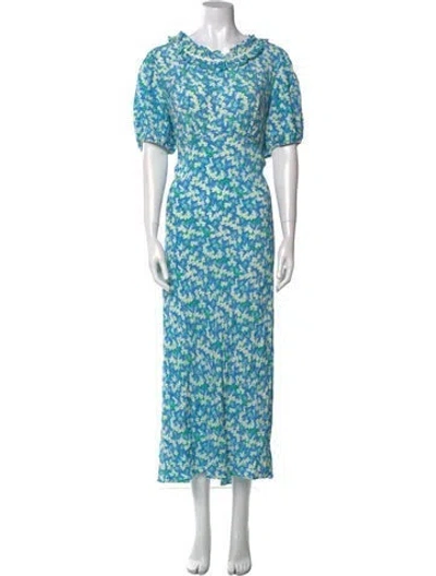 Pre-owned Rixo London Floral Print Long Dress In Blue