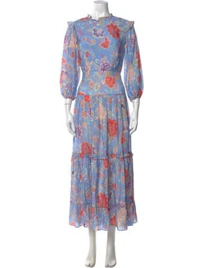 Pre-owned Rixo London Floral Print Long Dress In Blue