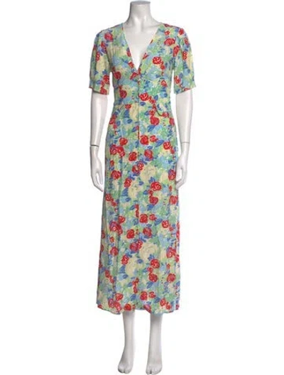 Pre-owned Rixo London Floral Print Long Dress In Blue
