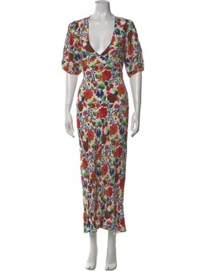 Pre-owned Rixo London Floral Print Long Dress In White