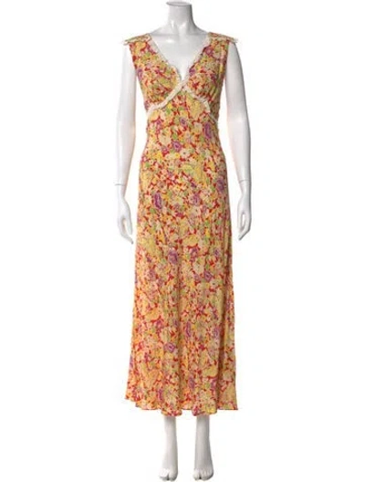 Pre-owned Rixo London Floral Print Long Dress In Yellow