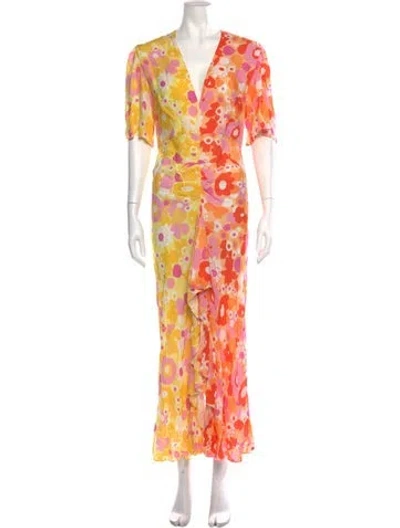 Pre-owned Rixo London Floral Print Long Dress In Yellow