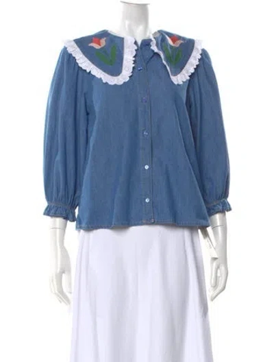 Pre-owned Rixo London Floral Print Long Sleeve Blouse In Blue