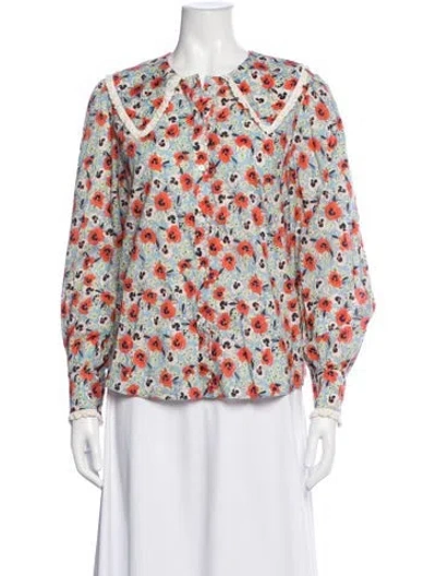 Pre-owned Rixo London Floral Print Long Sleeve Blouse In Blue