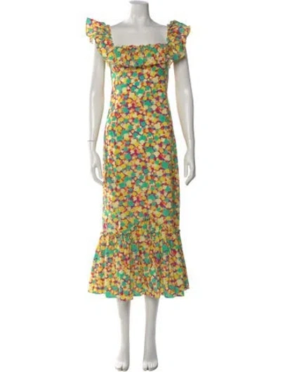 Pre-owned Rixo London Floral Print Midi Length Dress In Yellow