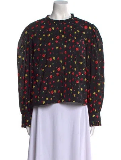 Pre-owned Rixo London Floral Print Mock Neck Blouse In Black