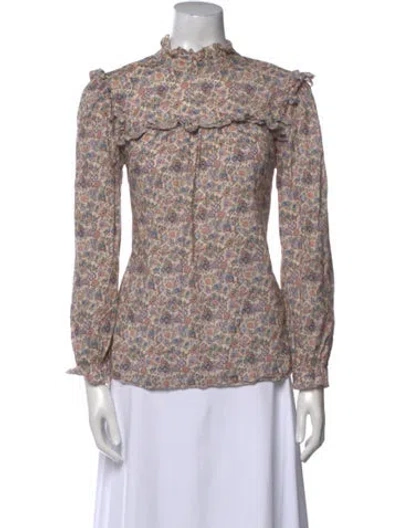 Pre-owned Rixo London Floral Print Mock Neck Blouse In Neutral