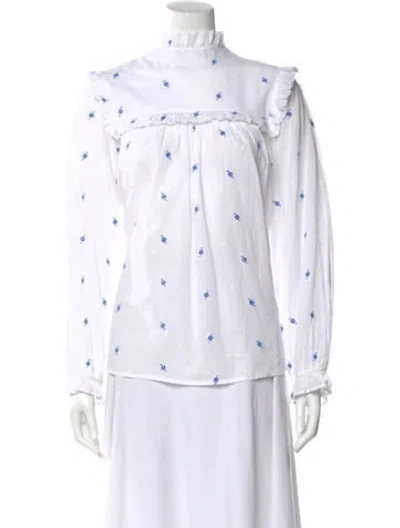 Pre-owned Rixo London Floral Print Mock Neck Blouse In White