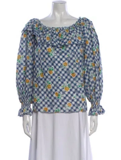 Pre-owned Rixo London Floral Print Off-the-shoulder Blouse In Blue