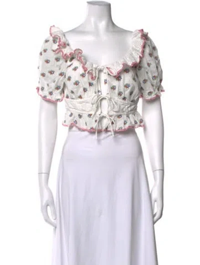 Pre-owned Rixo London Floral Print Off-the-shoulder Crop Top In White