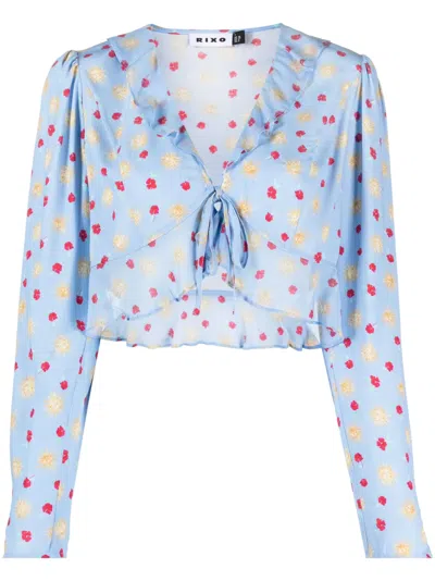 Rixo London Floral-print Ruffle-trim Top In Blue