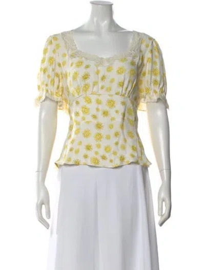 Pre-owned Rixo London Floral Print Square Neckline Blouse In Yellow