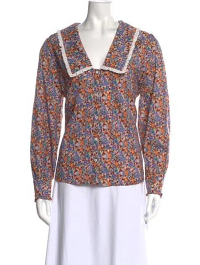 Pre-owned Rixo London Floral Print V-neck Blouse In Purple