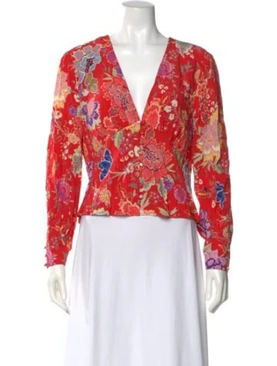 Pre-owned Rixo London Floral Print V-neck Blouse In Red