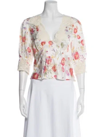 Pre-owned Rixo London Floral Print V-neck Blouse W/ Tags In White
