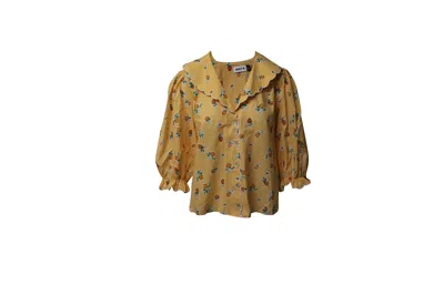 Pre-owned Rixo London Gingham Collared Blouse With Puff Sleeves In Yellow Cotton In Brown