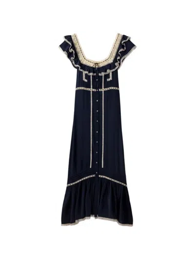 Rixo London Kendara Ruffled Lace-trim Midi Dress In Blue