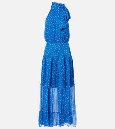 Rixo London Layla Tie-neck Polka-dot Midi Dress In Blue