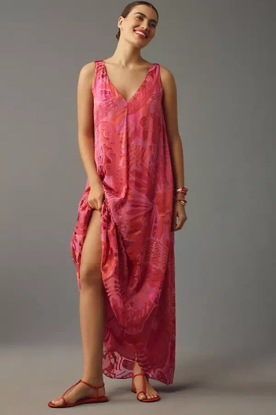 Rixo London Loreena V-neck Satin Devoré Maxi Dress In Pink