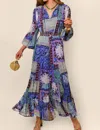 Rixo London Lori Metallic Midi Dress In Burgundy Blue Boho Scarf In Multi
