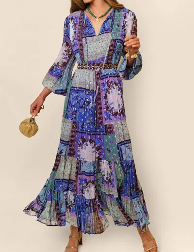 Rixo London Lori Metallic Midi Dress In Burgundy Blue Boho Scarf In Multi