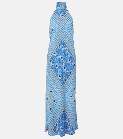 Rixo London Maura Printed Satin Maxi Dress In Blue