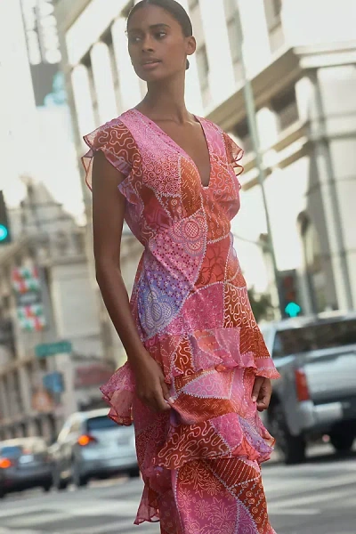 Rixo London Meena Petite V-neck Ruffle Silk Midi Dress In Pink