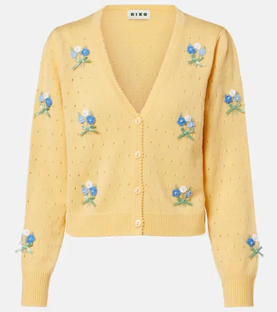 Rixo London Merinda Embroidered Pointelle Wool Cardigan In Yellow