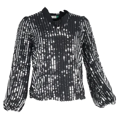 Pre-owned Rixo London Moss Stripe Peasant Blouse In Black Sequins In Multi