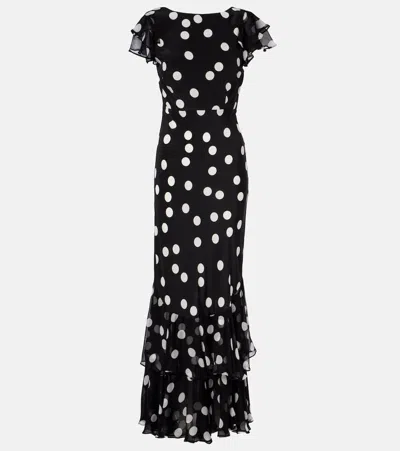 Rixo London Ordinia Polka-dot Crepon-trimmed Silk-satin Midi Dress In Black