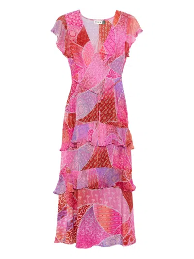 RIXO LONDON PATCHWORK RUFFLED MIDI DRESS